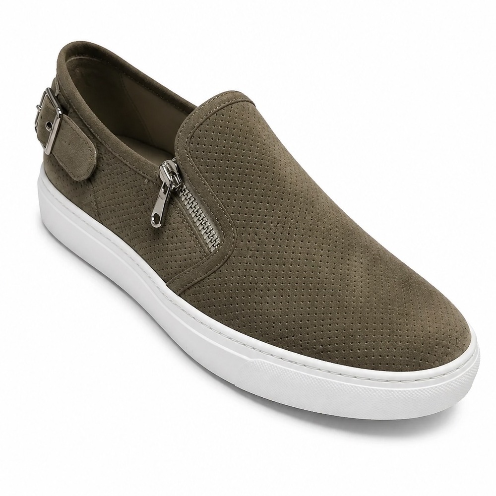 Doucal’s Men's Slip-On Soft Suede Loafers in Olive with Side Zippers - Picture 4 of 8